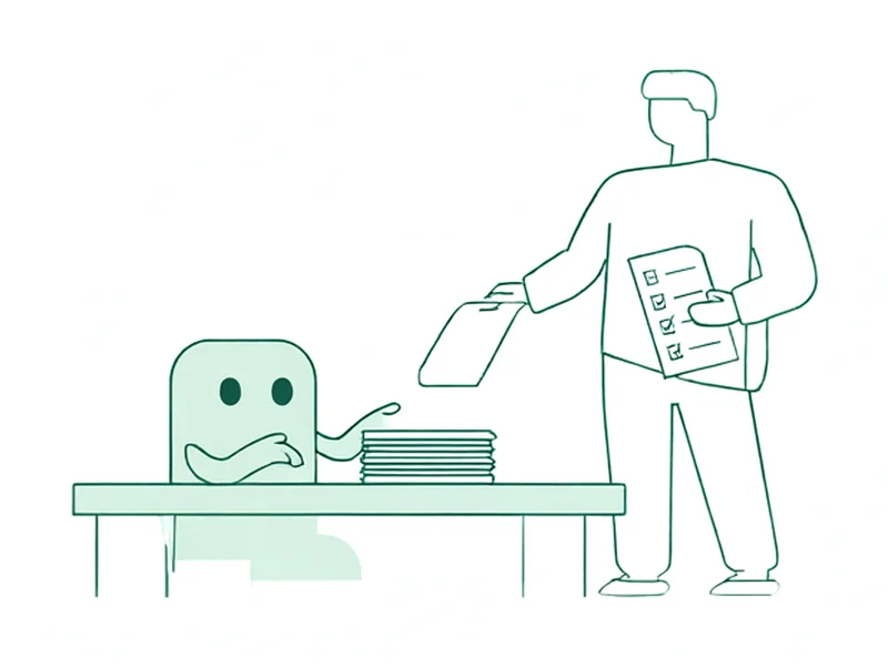 一个人把文件交给桌上的机器人处理,手里拿着验收清单